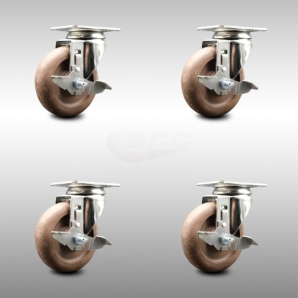 4 Inch 316SS High Temp Glass Filled Nylon Swivel Top Plate Caster Set with Brake